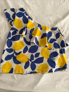 LOFT Yellow & Blue Lemon-Print One-Shoulder Top